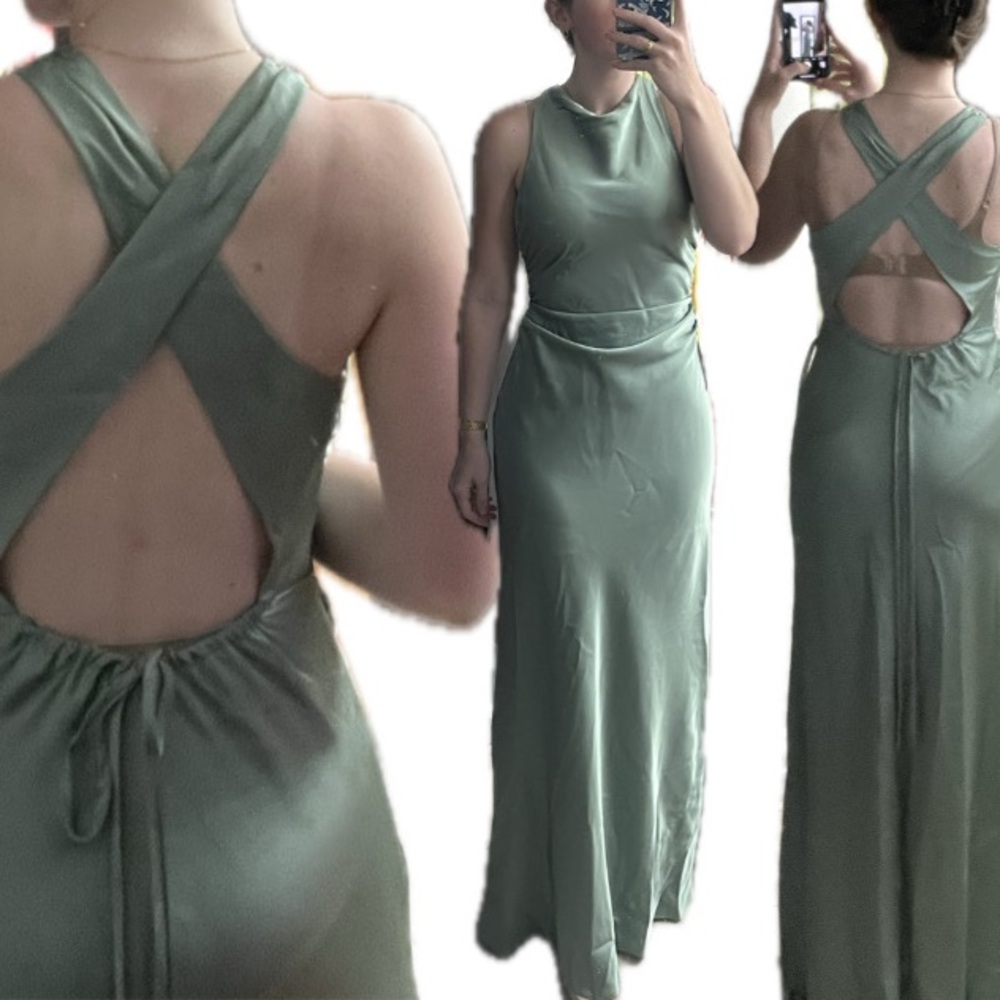 Azazie Evadne - Matcha Stretch Satin Green Maxi Bridesmaids Dress - Picture 5 of 6